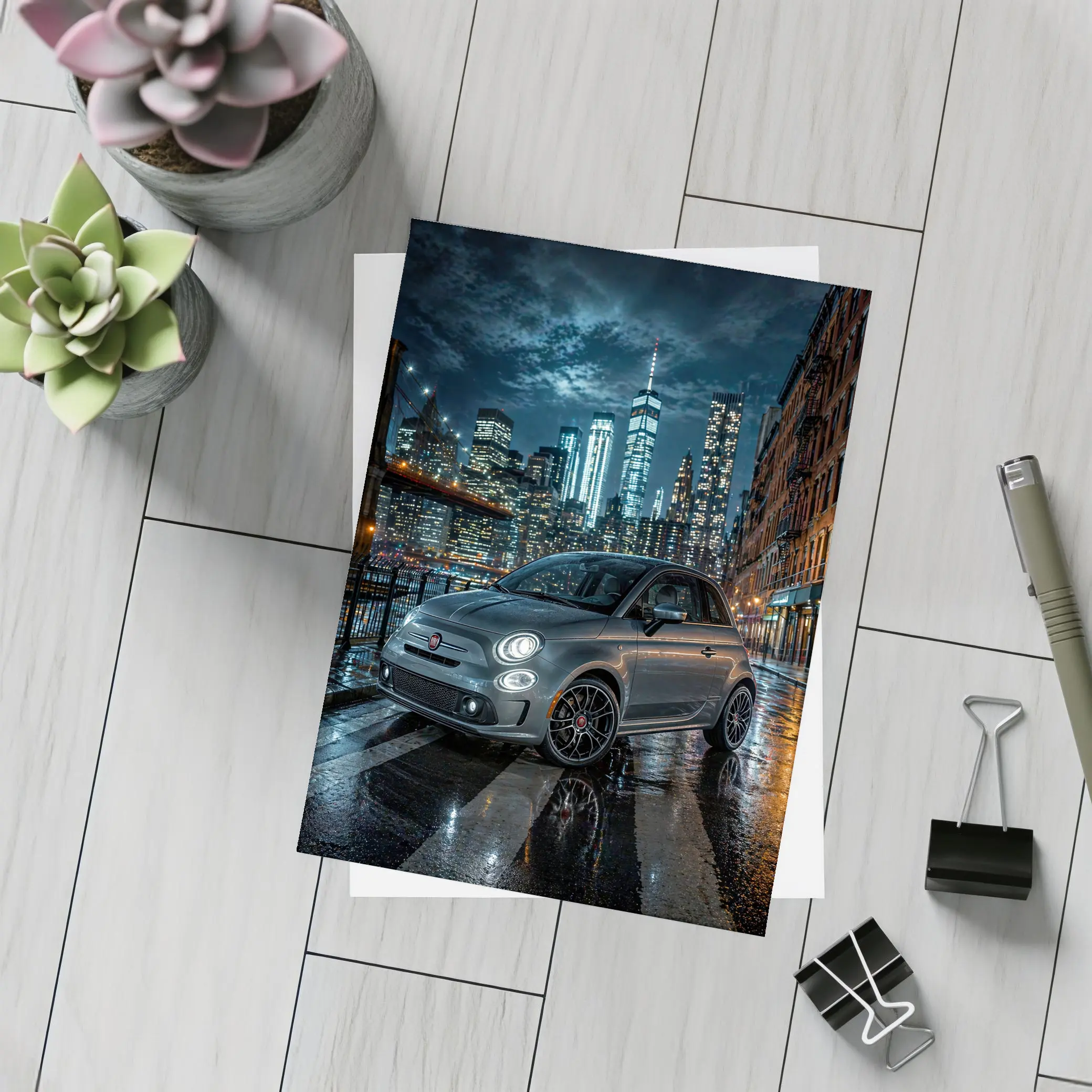 Fiat Abarth Parked on Rainy City Street – Postcards