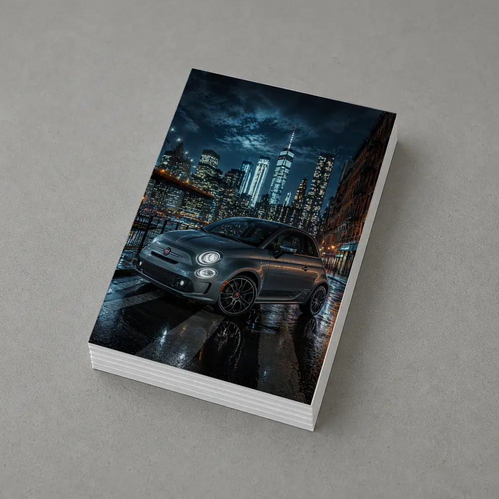 Fiat Abarth Parked on Rainy City Street – Postcards