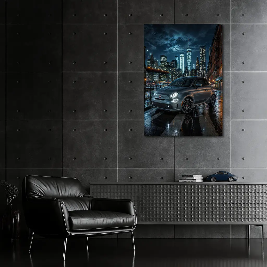 Fiat Abarth Parked on Rainy City Street – Wall Art