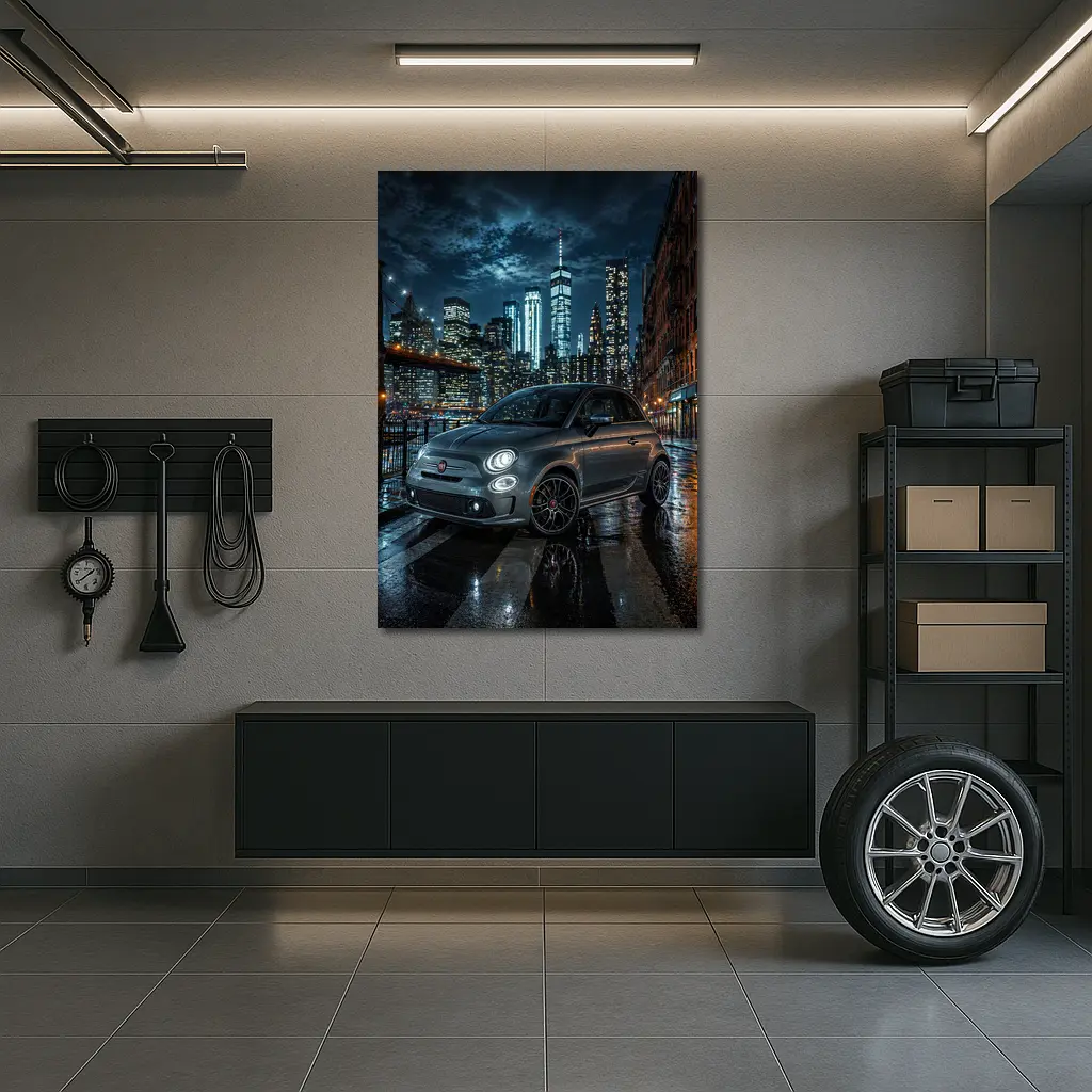 Fiat Abarth Parked on Rainy City Street – Wall Art