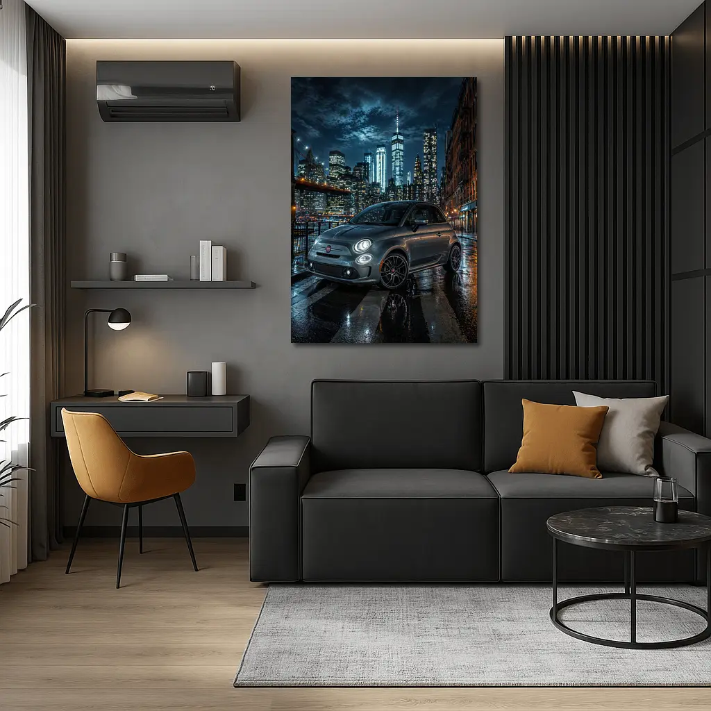 Fiat Abarth Parked on Rainy City Street – Wall Art