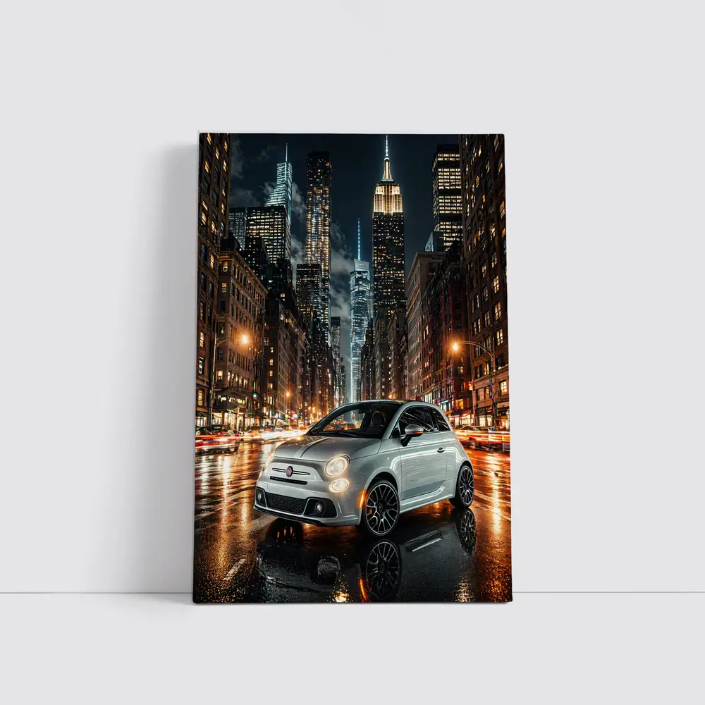 Fiat 500 Silver City Night Street Scene – Wall Art