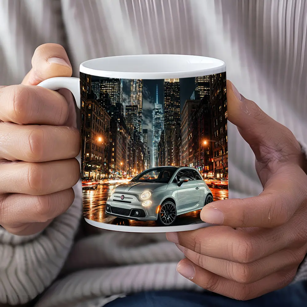 Fiat 500 Silver City Night Street Scene – Mugs