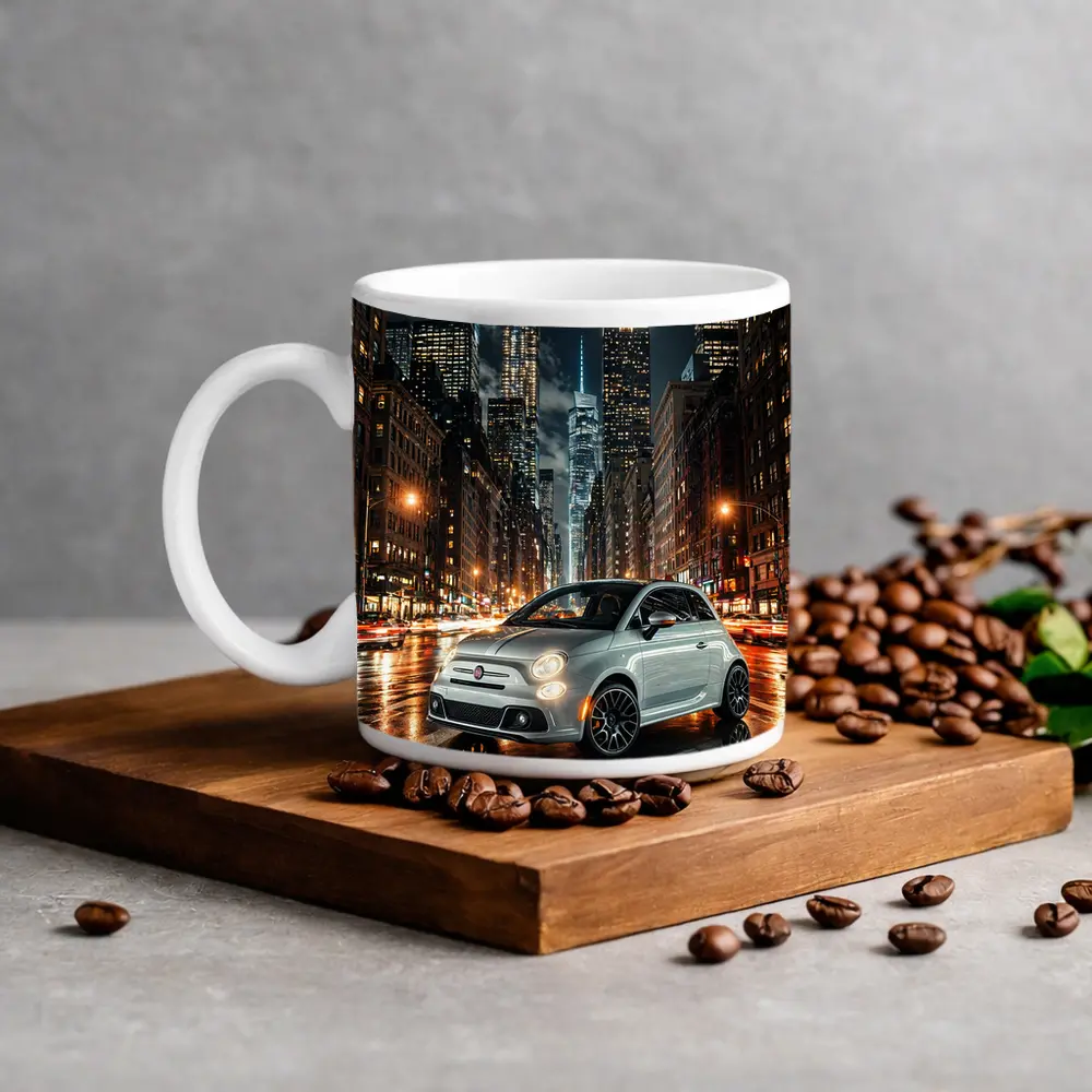 Fiat 500 Silver City Night Street Scene – Mugs