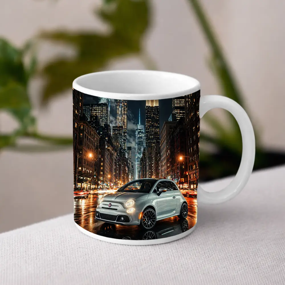 Fiat 500 Silver City Night Street Scene – Mugs