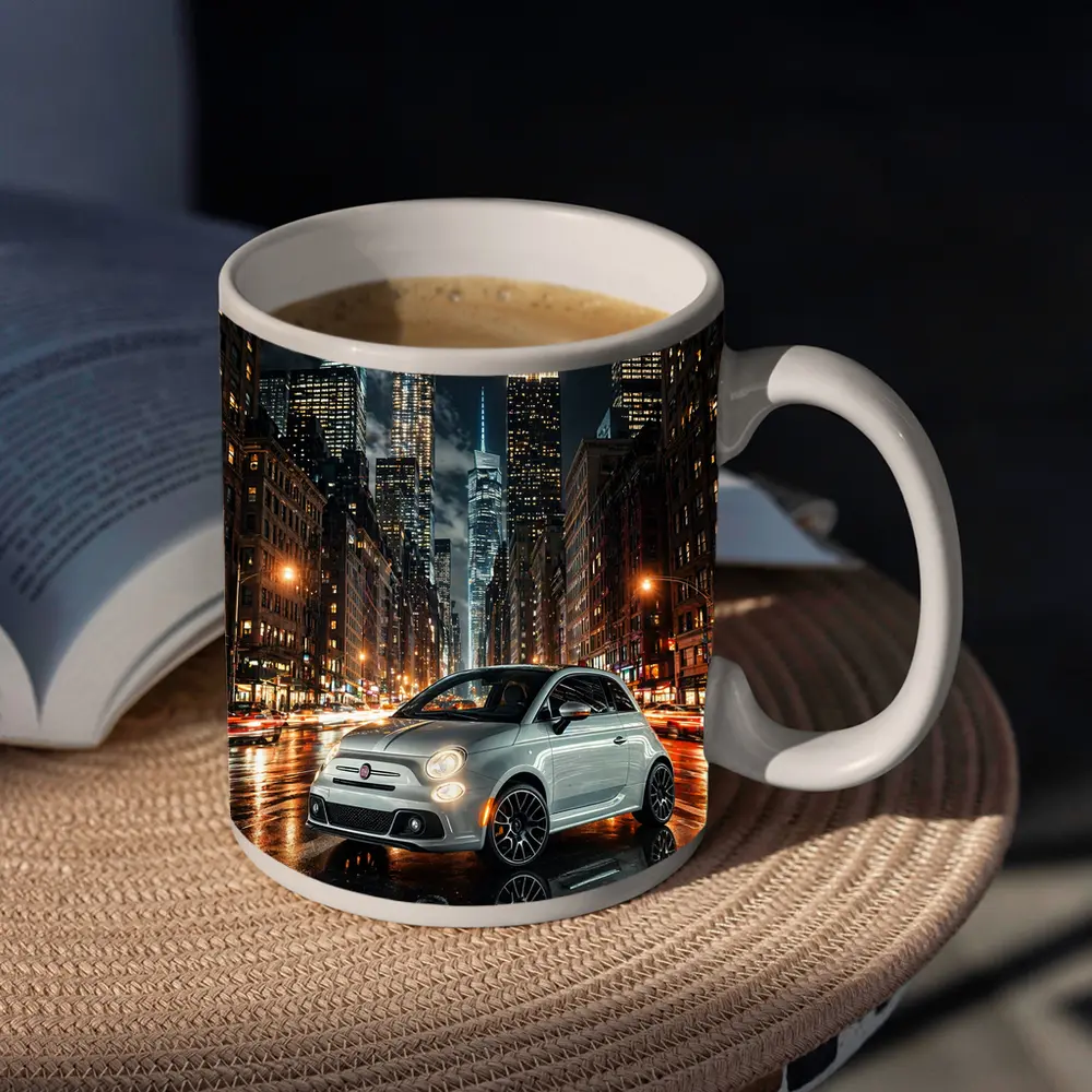 Fiat 500 Silver City Night Street Scene – Mugs