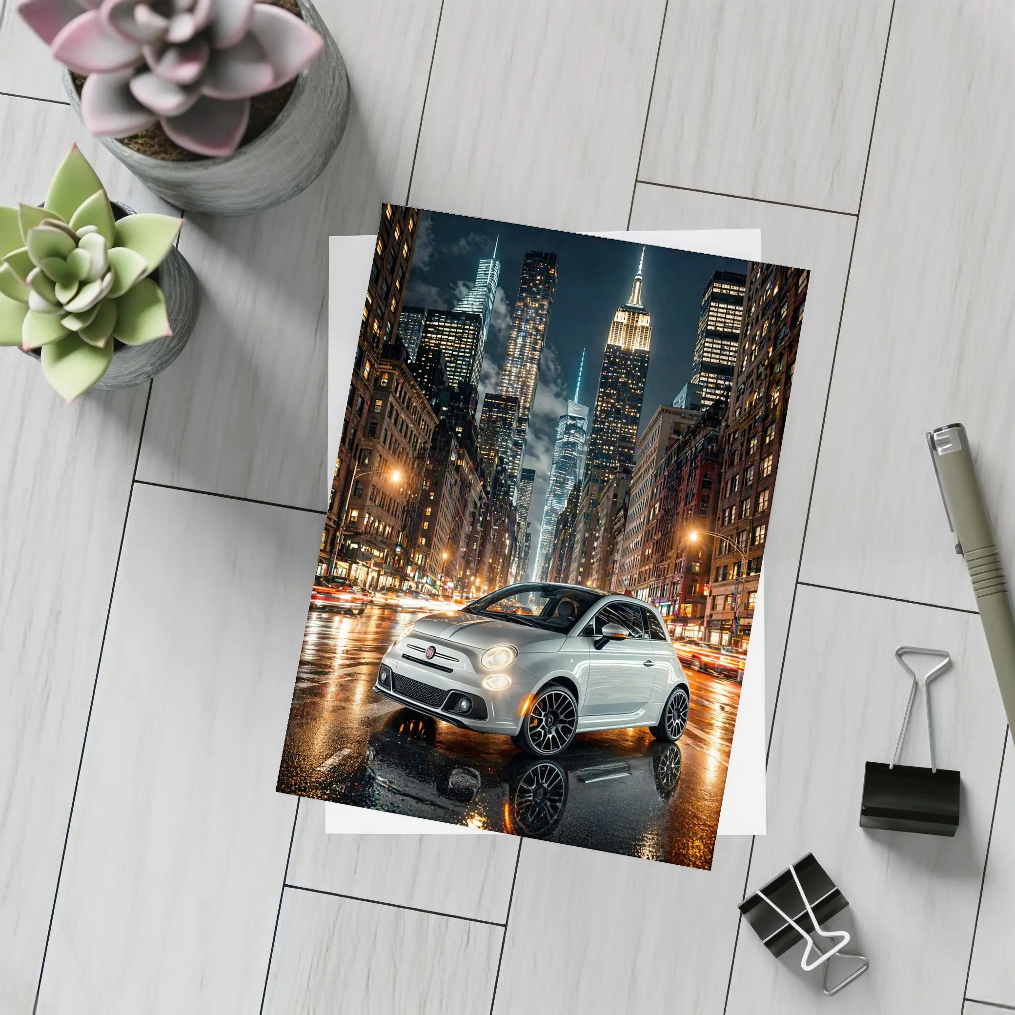 Fiat 500 Silver City Night Street Scene – Postcards