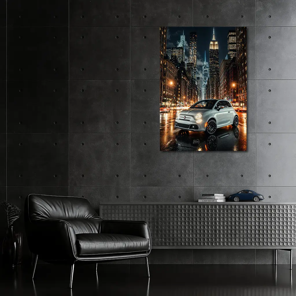 Fiat 500 Silver City Night Street Scene – Wall Art
