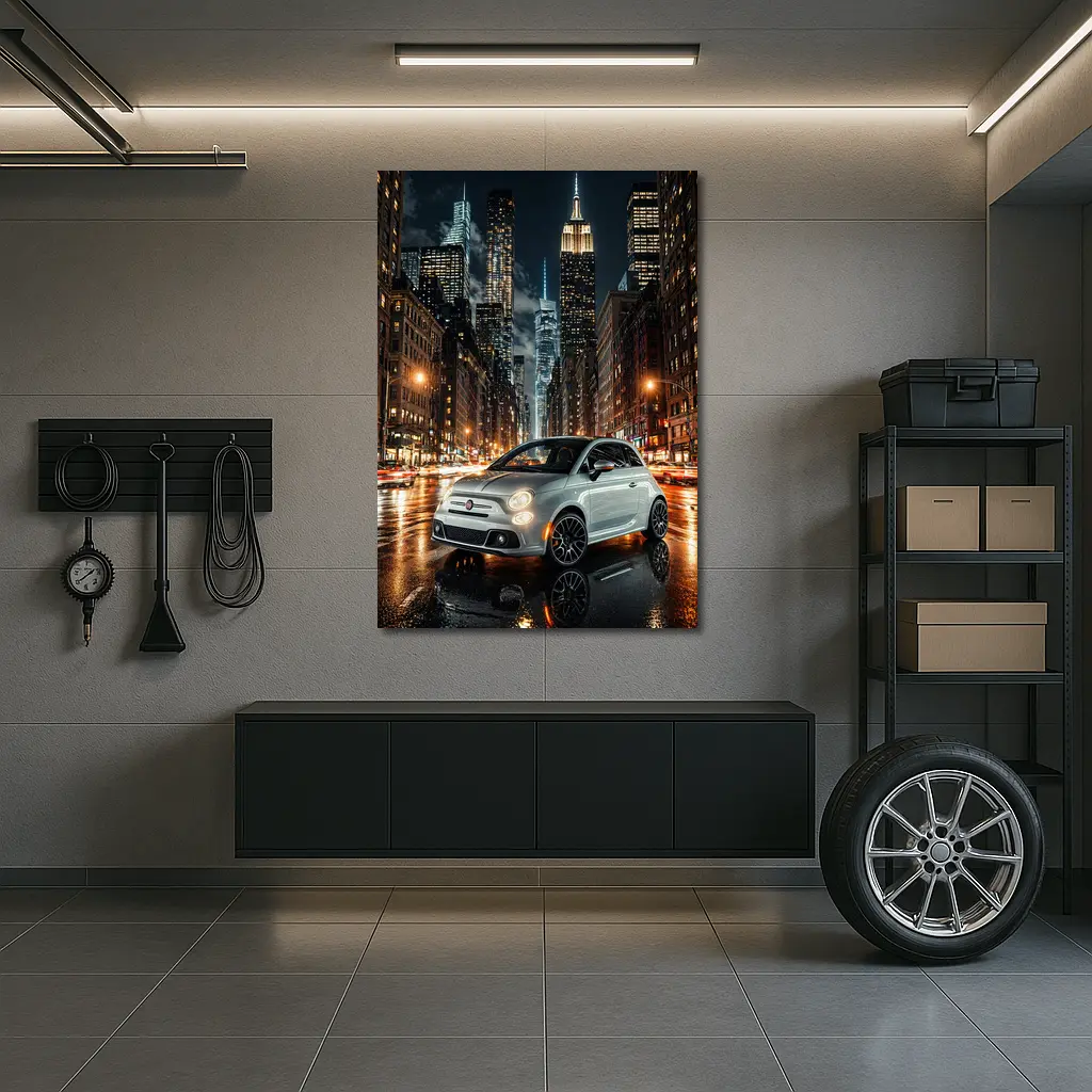 Fiat 500 Silver City Night Street Scene – Wall Art