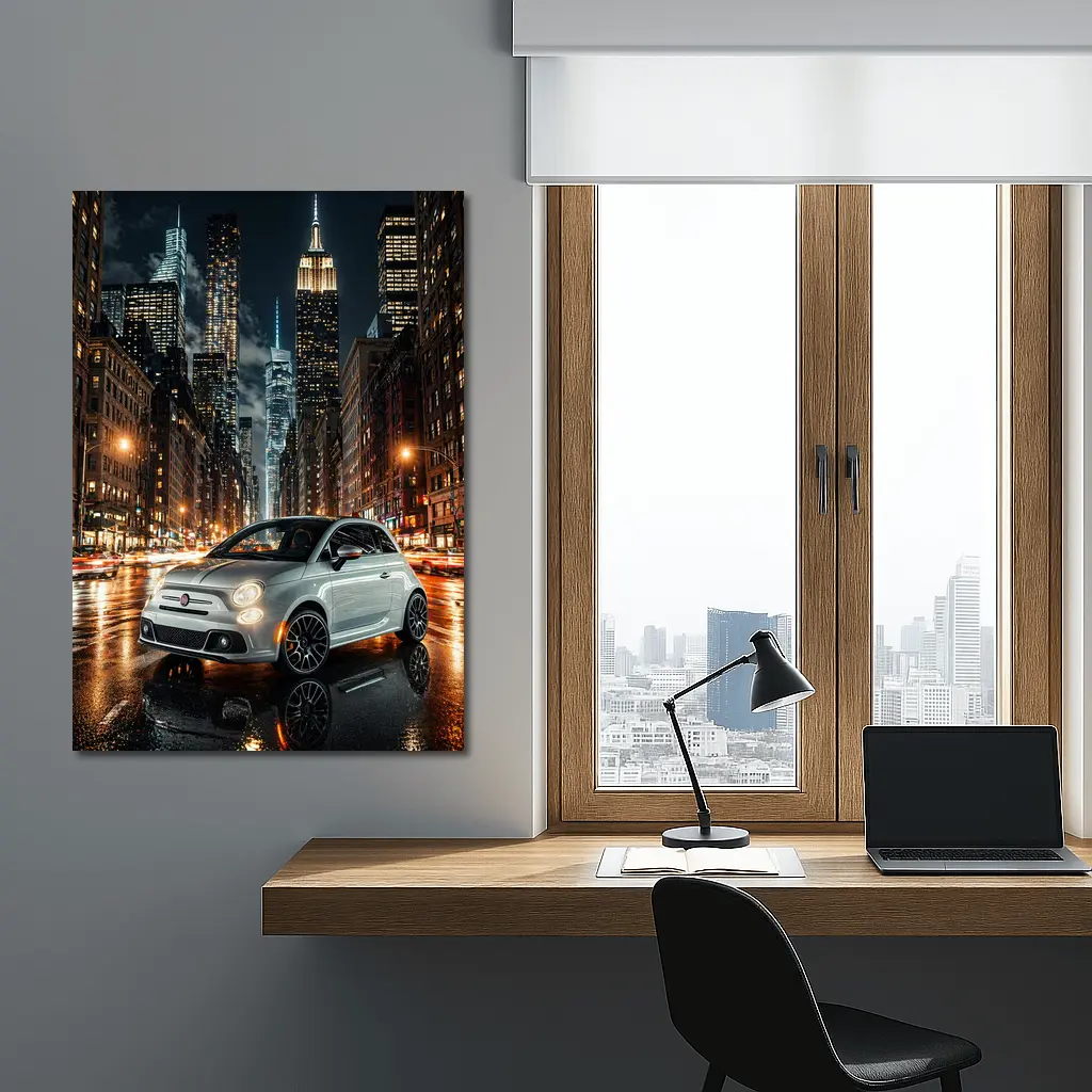 Fiat 500 Silver City Night Street Scene – Wall Art