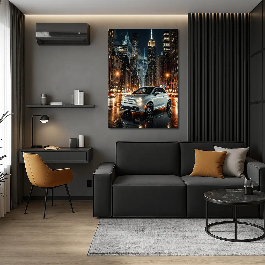 Fiat 500 Silver City Night Street Scene – Wall Art