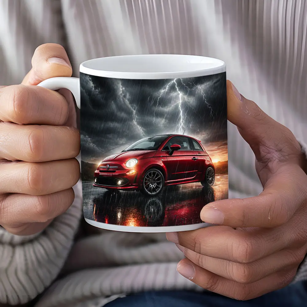 Fiat 500 Red Car Stormy Lightning Rain – Mugs