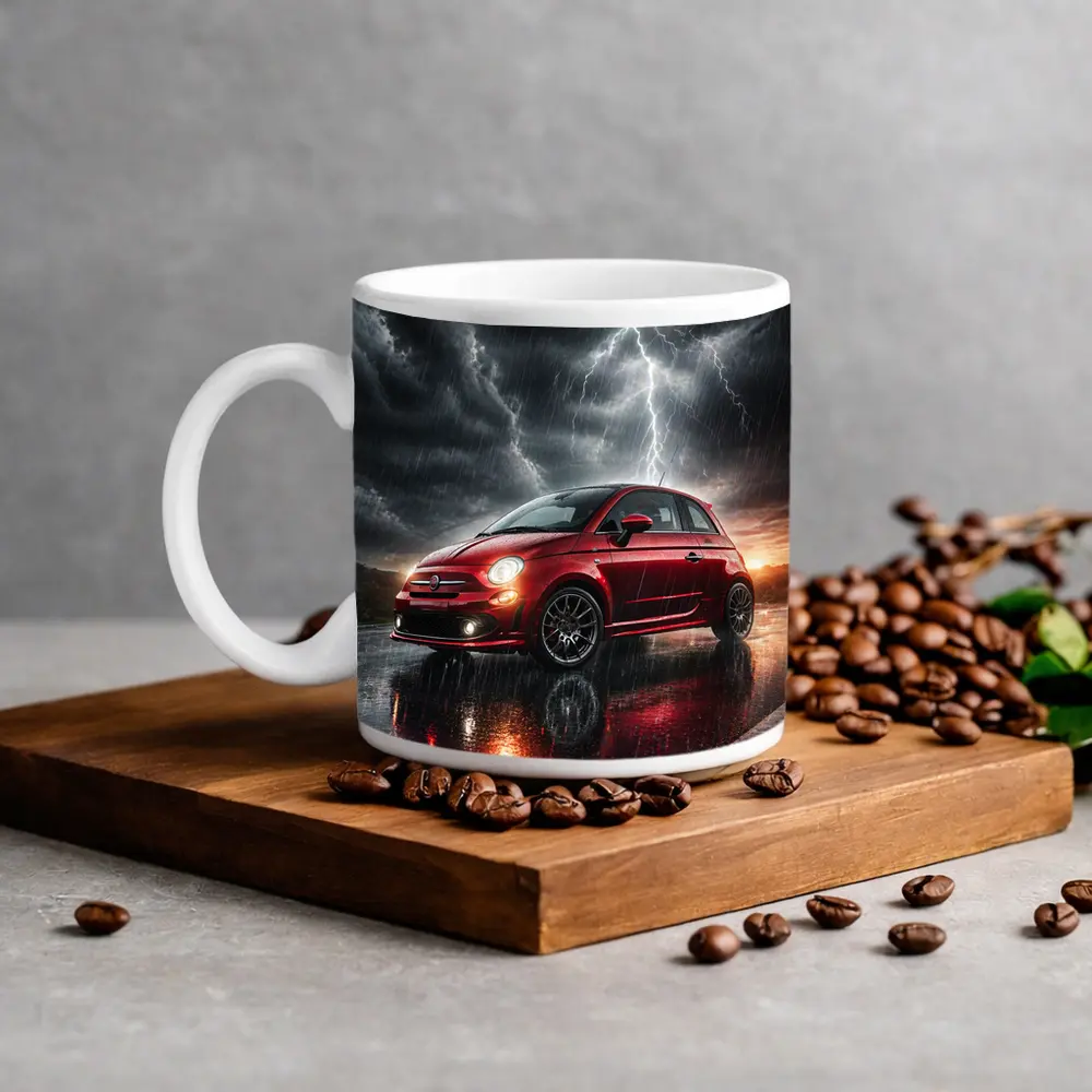 Fiat 500 Red Car Stormy Lightning Rain – Mugs