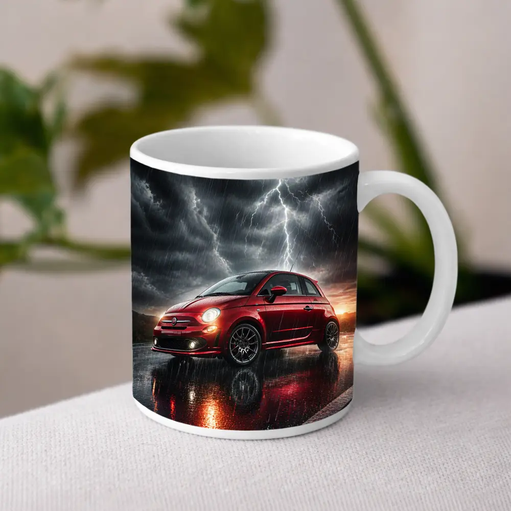 Fiat 500 Red Car Stormy Lightning Rain – Mugs