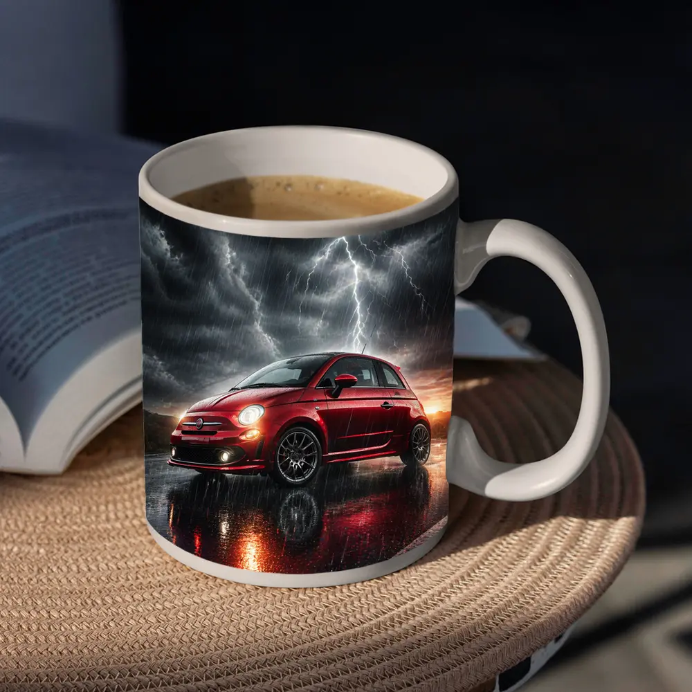 Fiat 500 Red Car Stormy Lightning Rain – Mugs