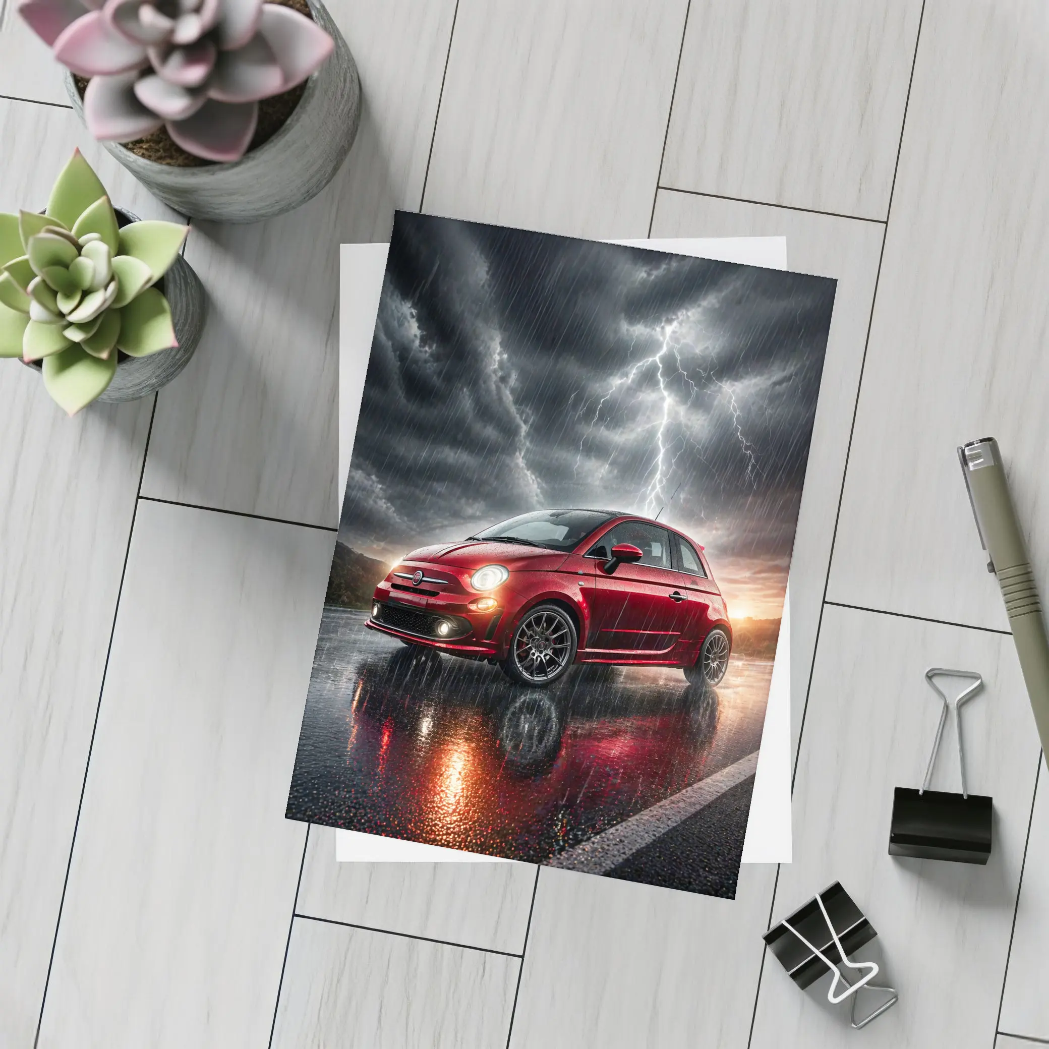 Fiat 500 Red Car Stormy Lightning Rain – Postcards