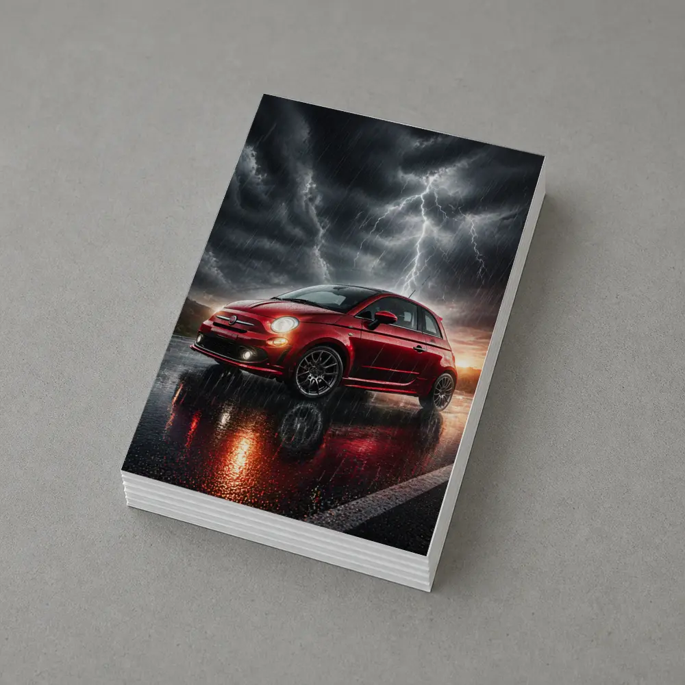 Fiat 500 Red Car Stormy Lightning Rain – Postcards