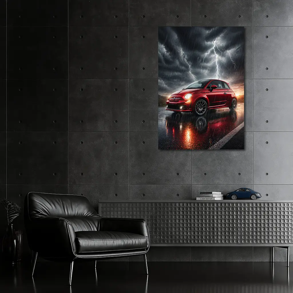 Fiat 500 Red Car Stormy Lightning Rain – Wall Art