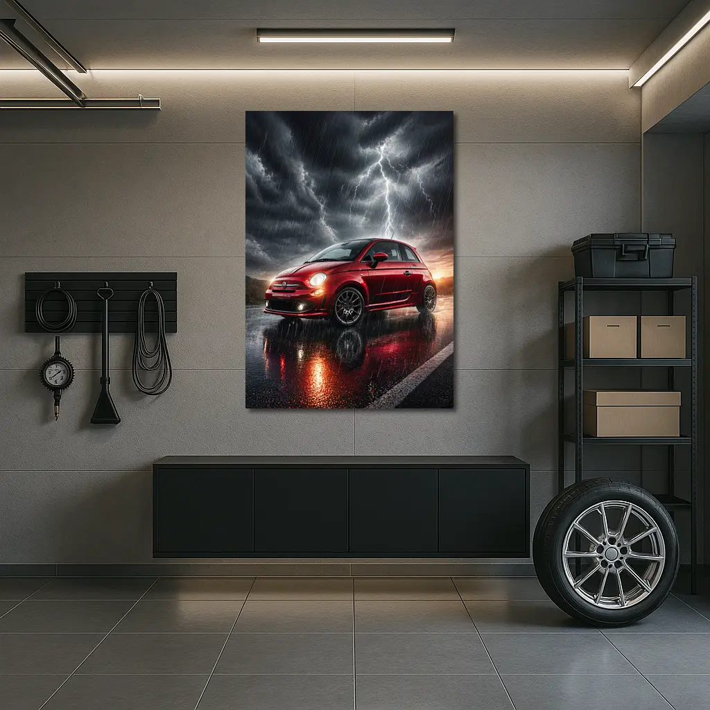 Fiat 500 Red Car Stormy Lightning Rain – Wall Art