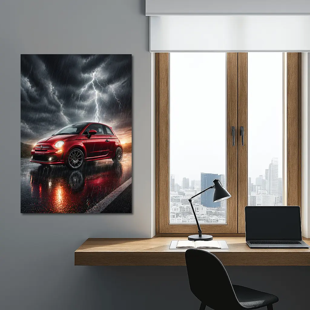 Fiat 500 Red Car Stormy Lightning Rain – Wall Art