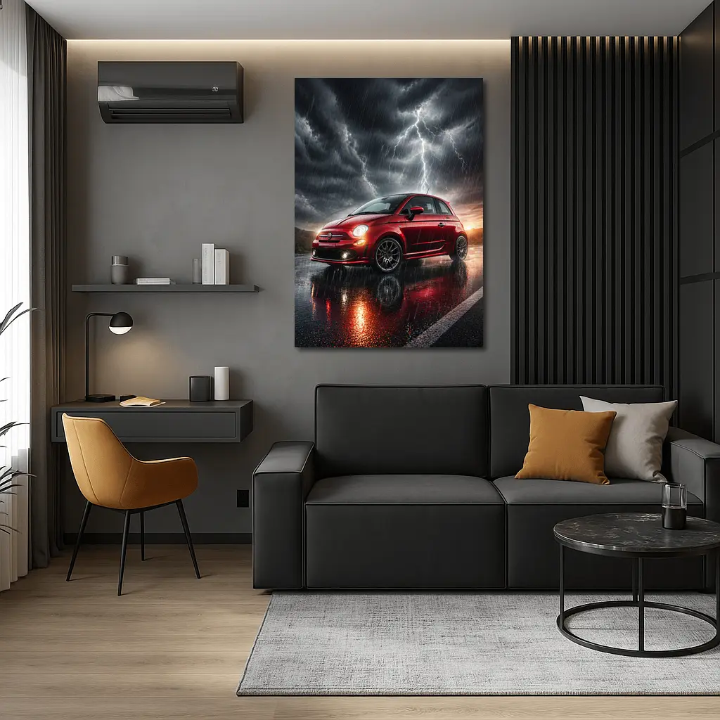 Fiat 500 Red Car Stormy Lightning Rain – Wall Art