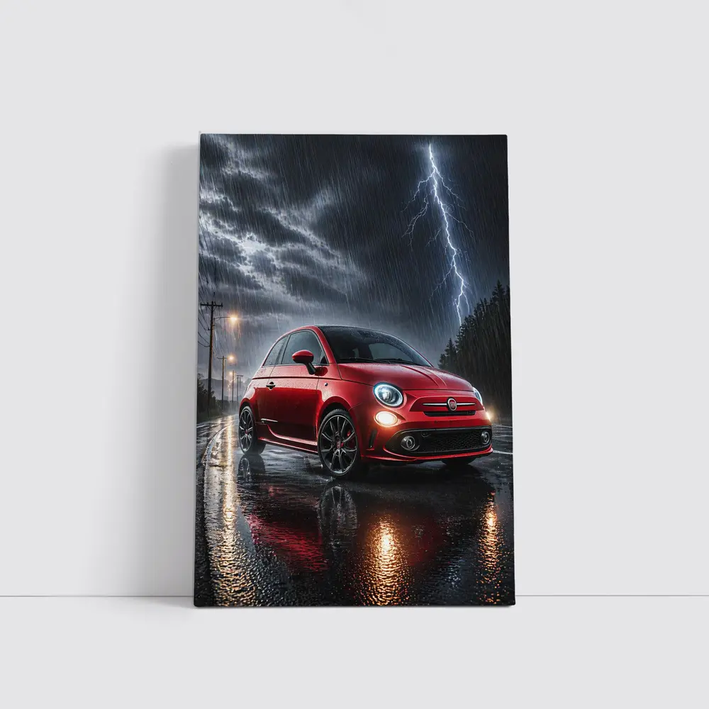 Fiat Abarth Red Car Stormy Night Rain – Wall Art