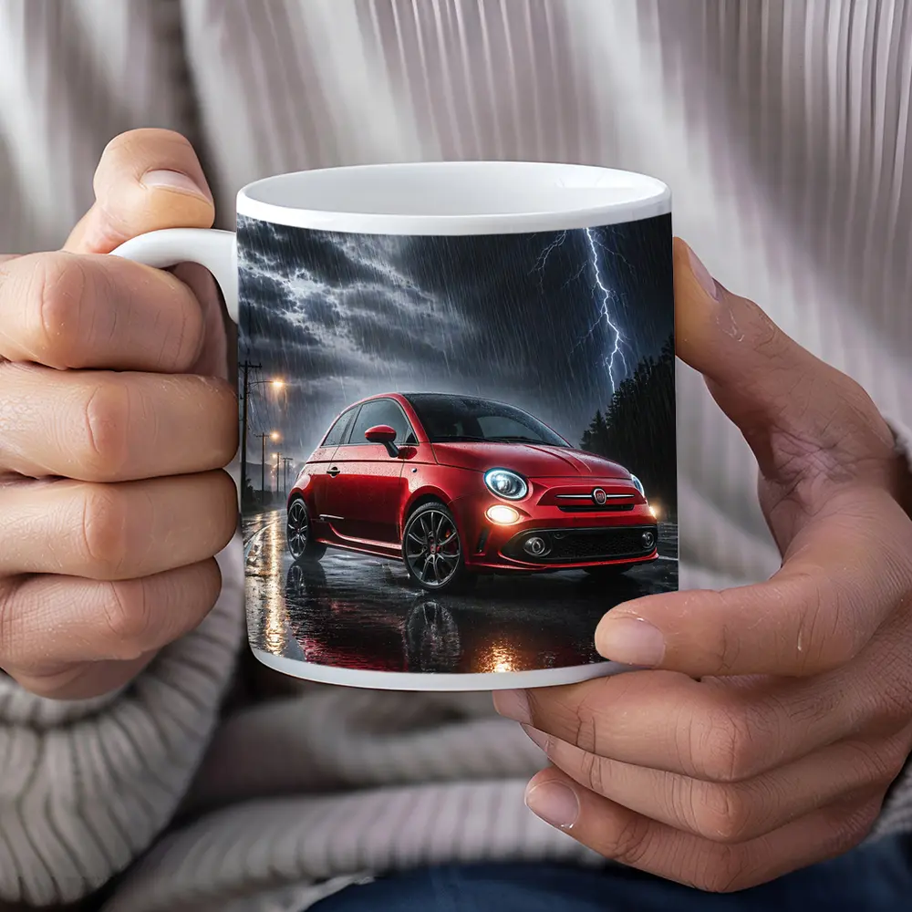 Fiat Abarth Red Car Stormy Night Rain – Mugs