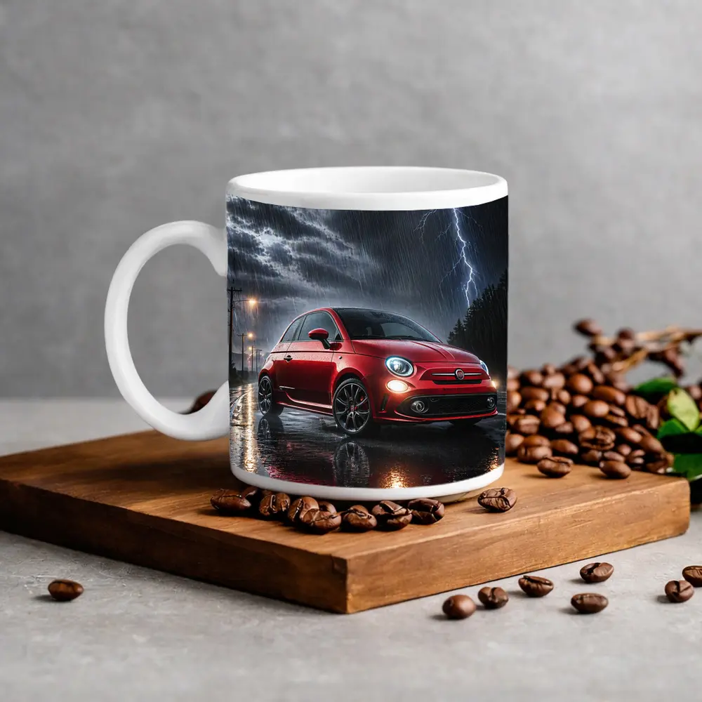 Fiat Abarth Red Car Stormy Night Rain – Mugs