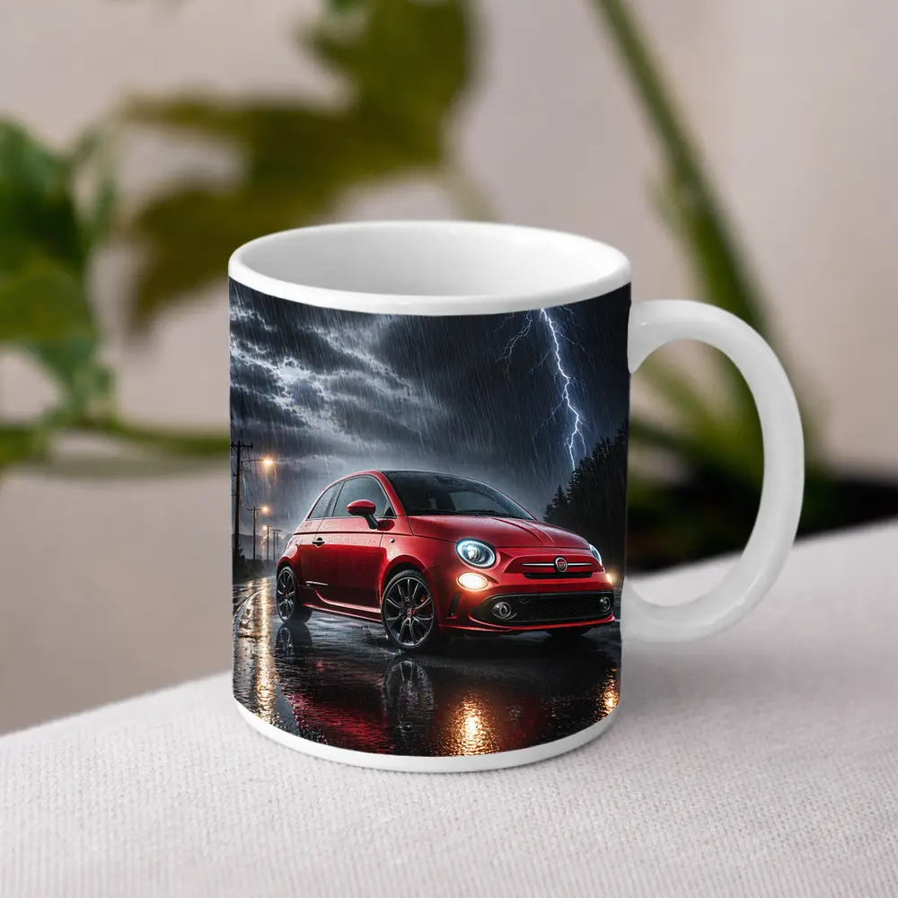 Fiat Abarth Red Car Stormy Night Rain – Mugs
