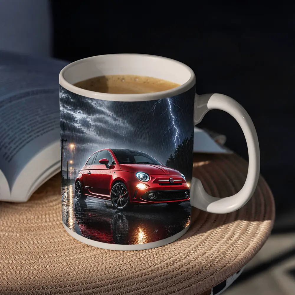 Fiat Abarth Red Car Stormy Night Rain – Mugs