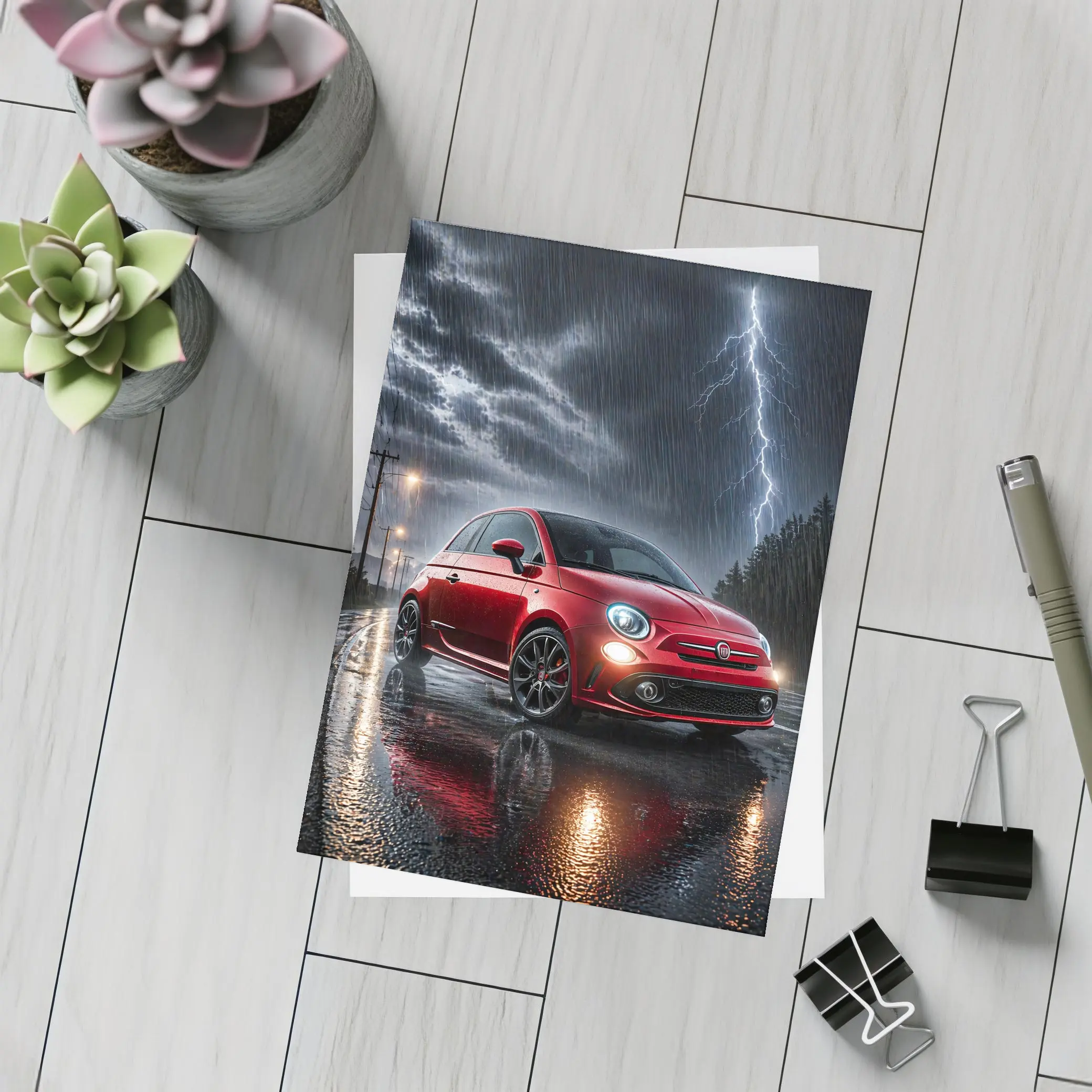 Fiat Abarth Red Car Stormy Night Rain – Postcards