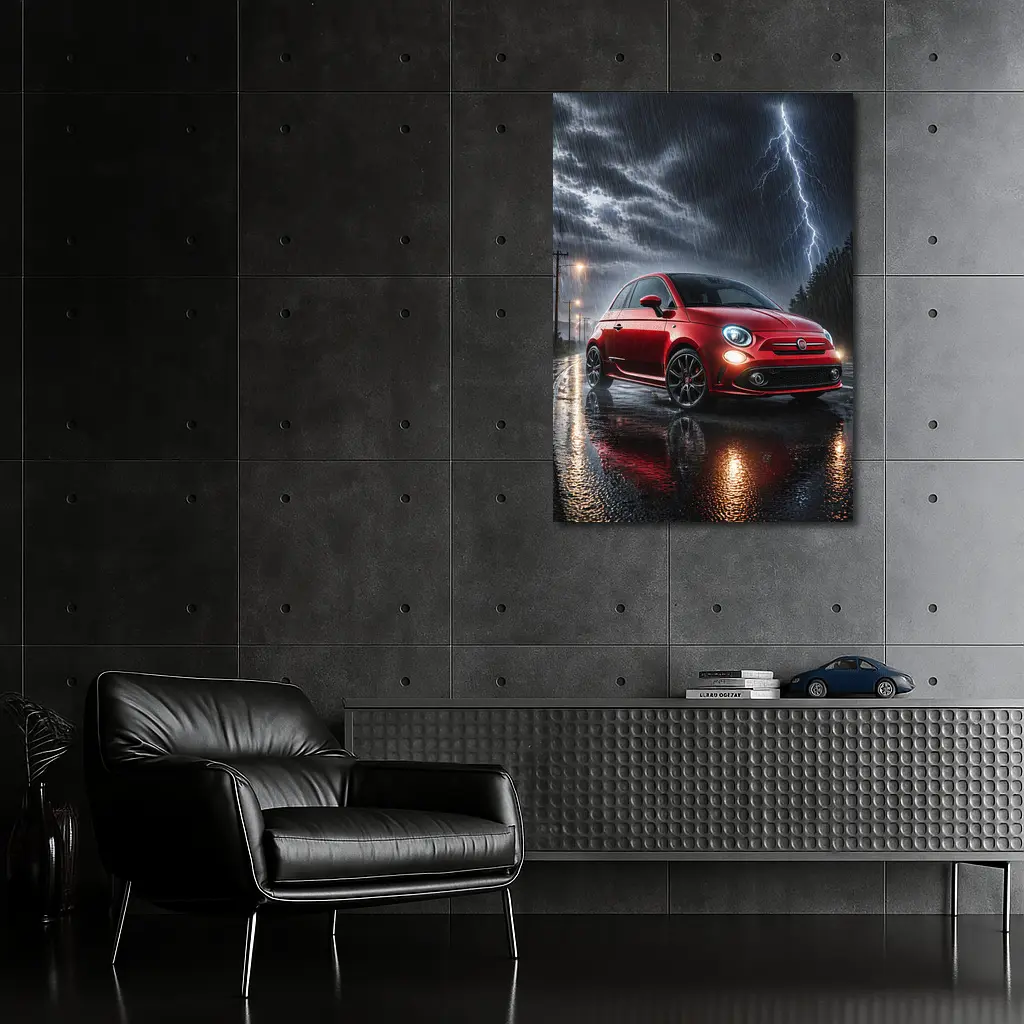 Fiat Abarth Red Car Stormy Night Rain – Wall Art