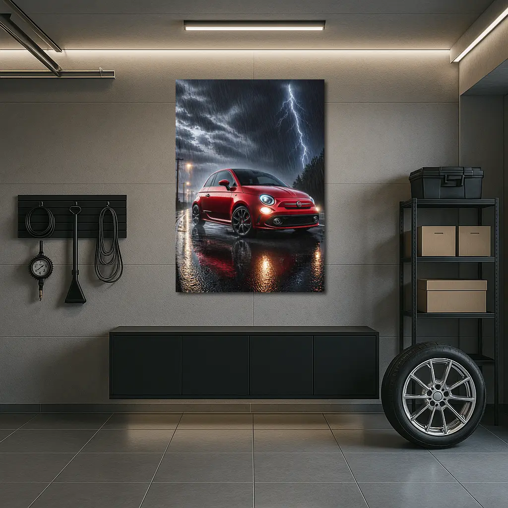 Fiat Abarth Red Car Stormy Night Rain – Wall Art