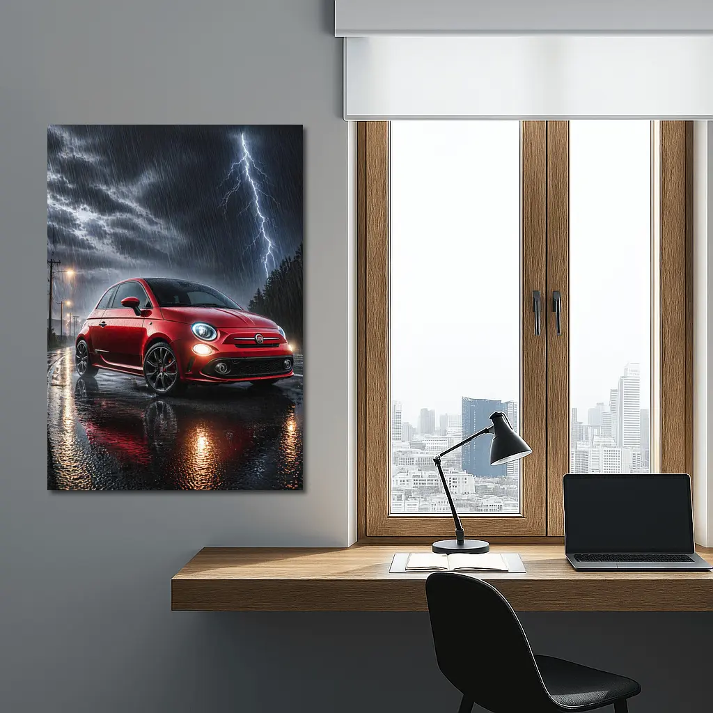 Fiat Abarth Red Car Stormy Night Rain – Wall Art