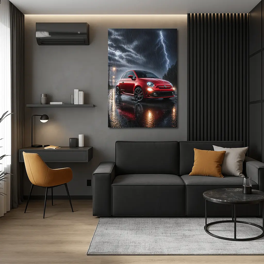 Fiat Abarth Red Car Stormy Night Rain – Wall Art