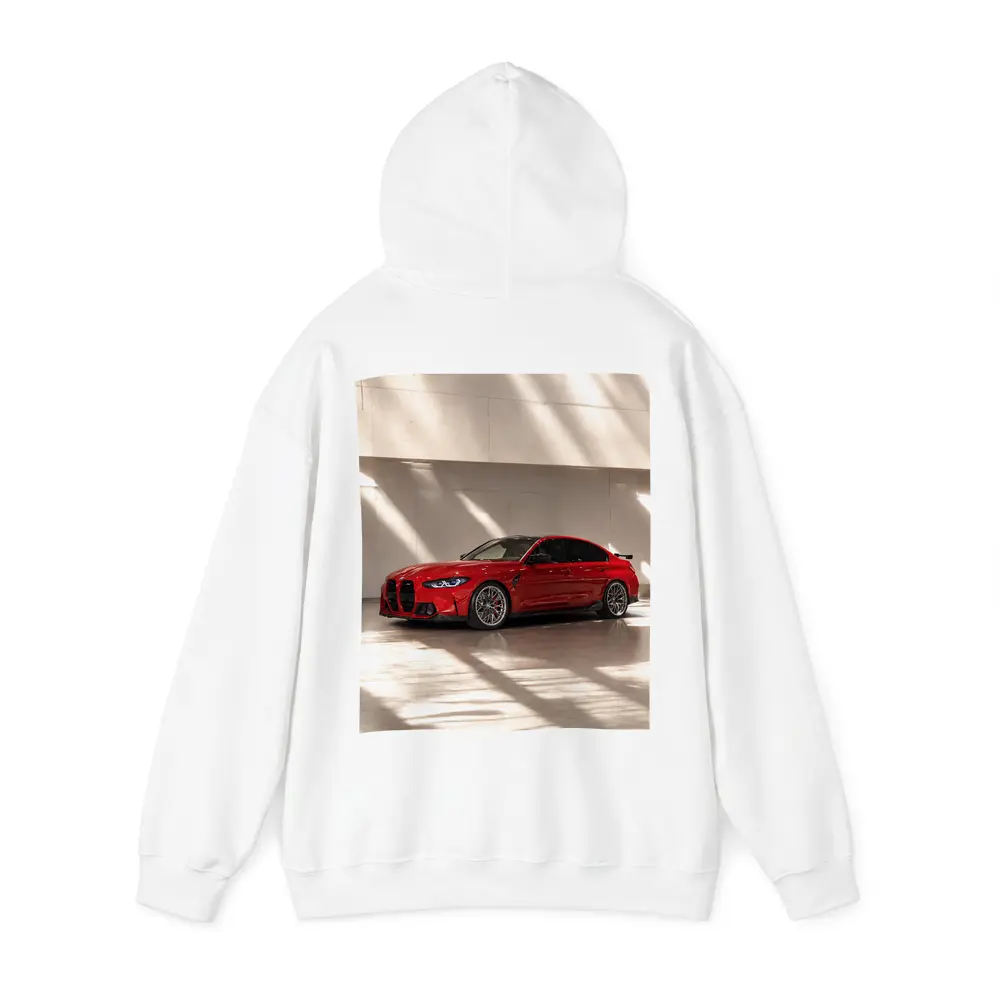 BMW M3 Red Sedan Indoor Garage Setting – Hoodies