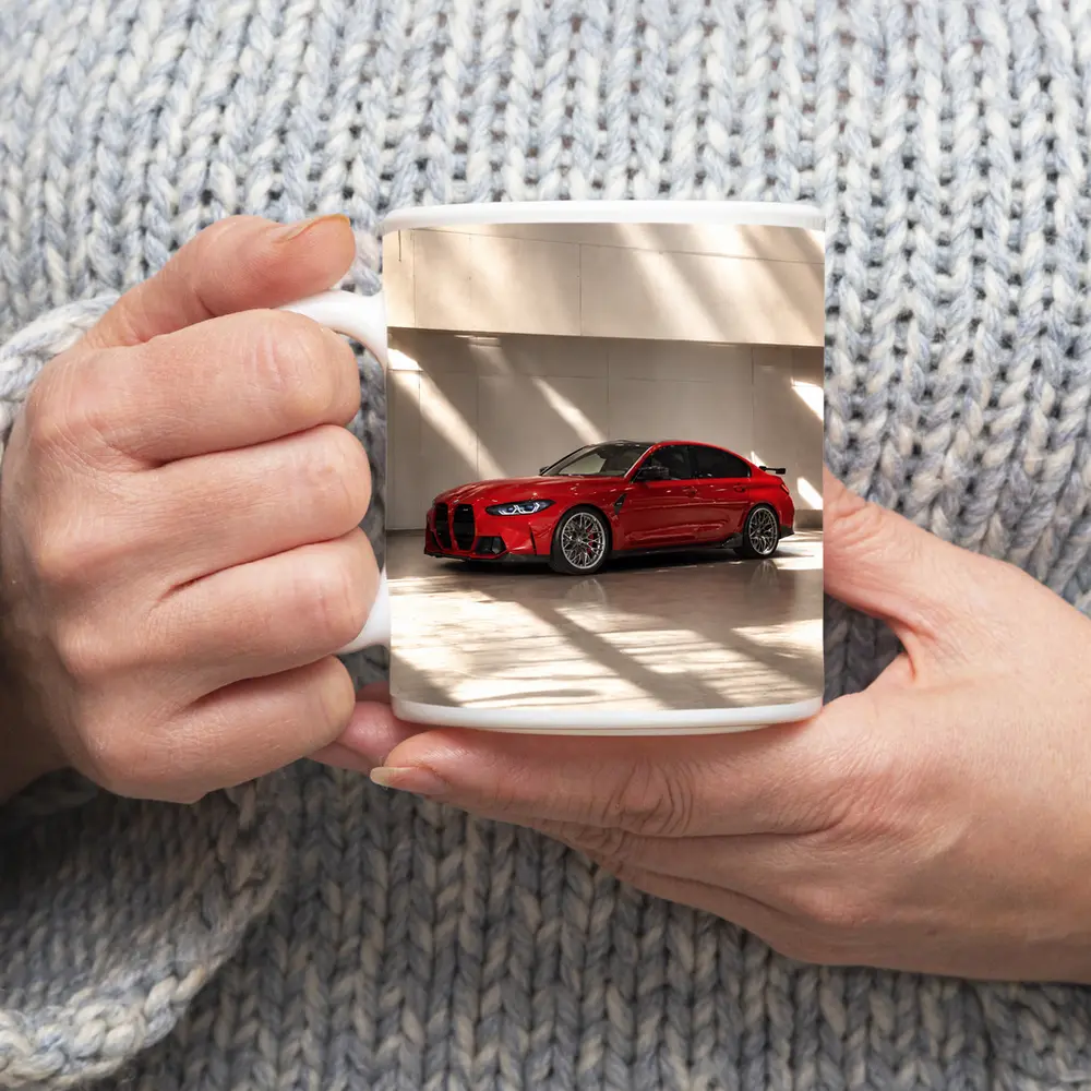 BMW M3 Red Sedan Indoor Garage Setting – Mugs