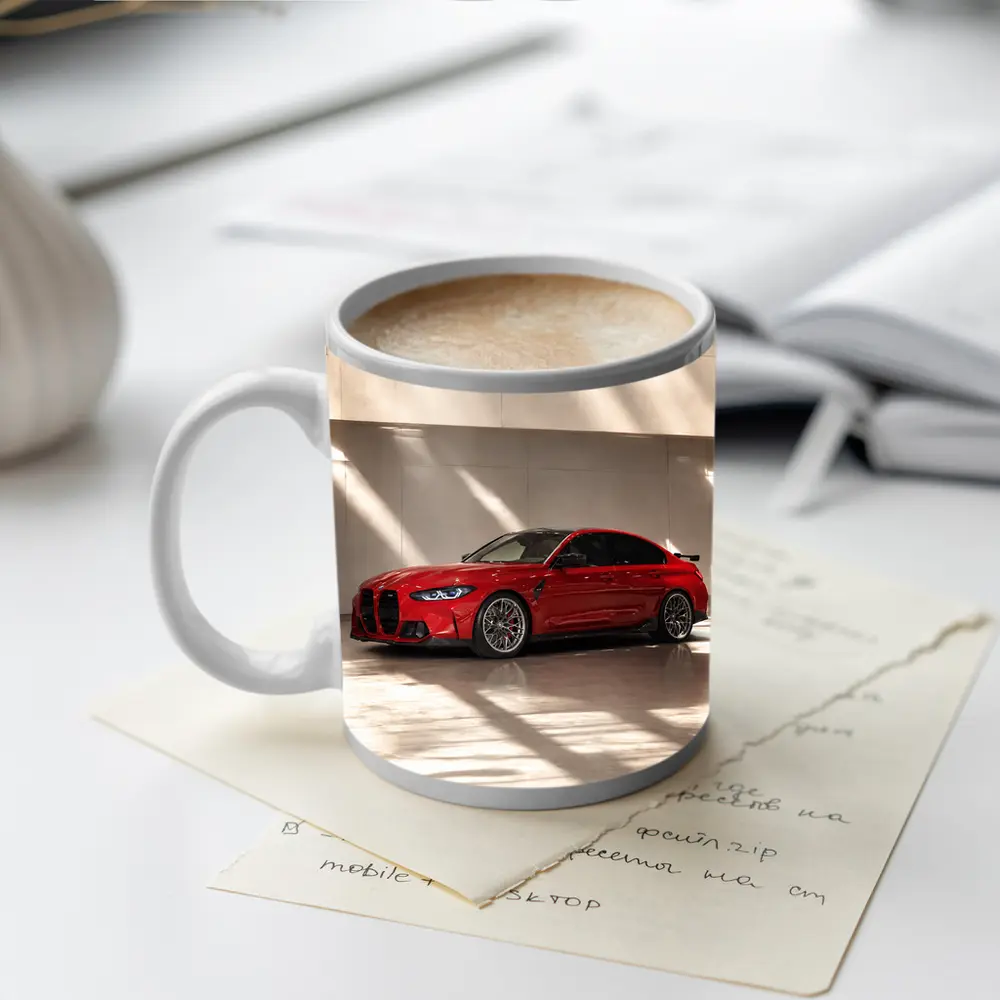 BMW M3 Red Sedan Indoor Garage Setting – Mugs