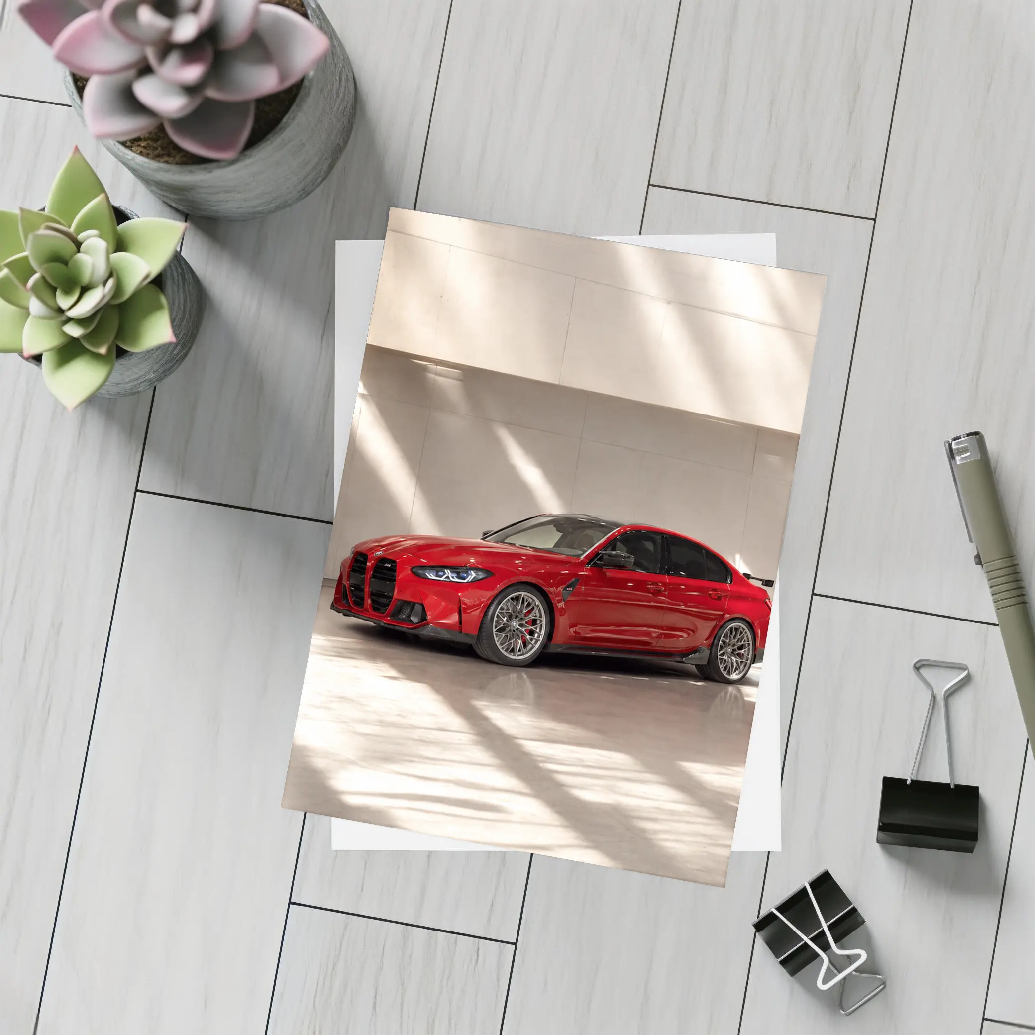 BMW M3 Red Sedan Indoor Garage Setting – Postcards