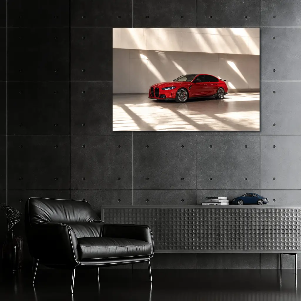 BMW M3 Red Sedan Indoor Garage Setting – Wall Art