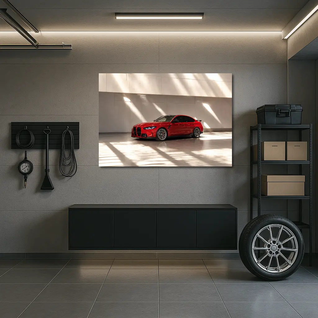 BMW M3 Red Sedan Indoor Garage Setting – Wall Art