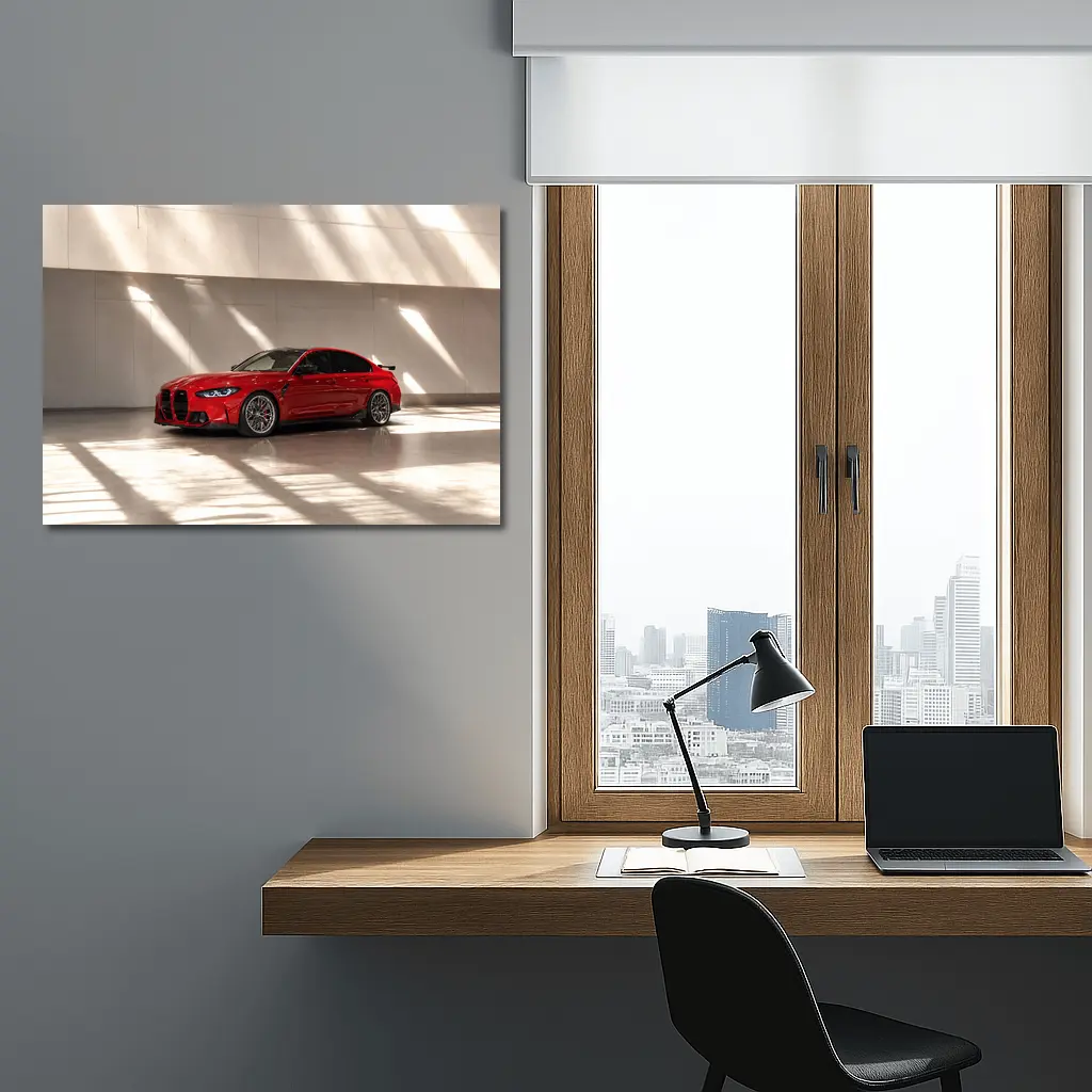 BMW M3 Red Sedan Indoor Garage Setting – Wall Art