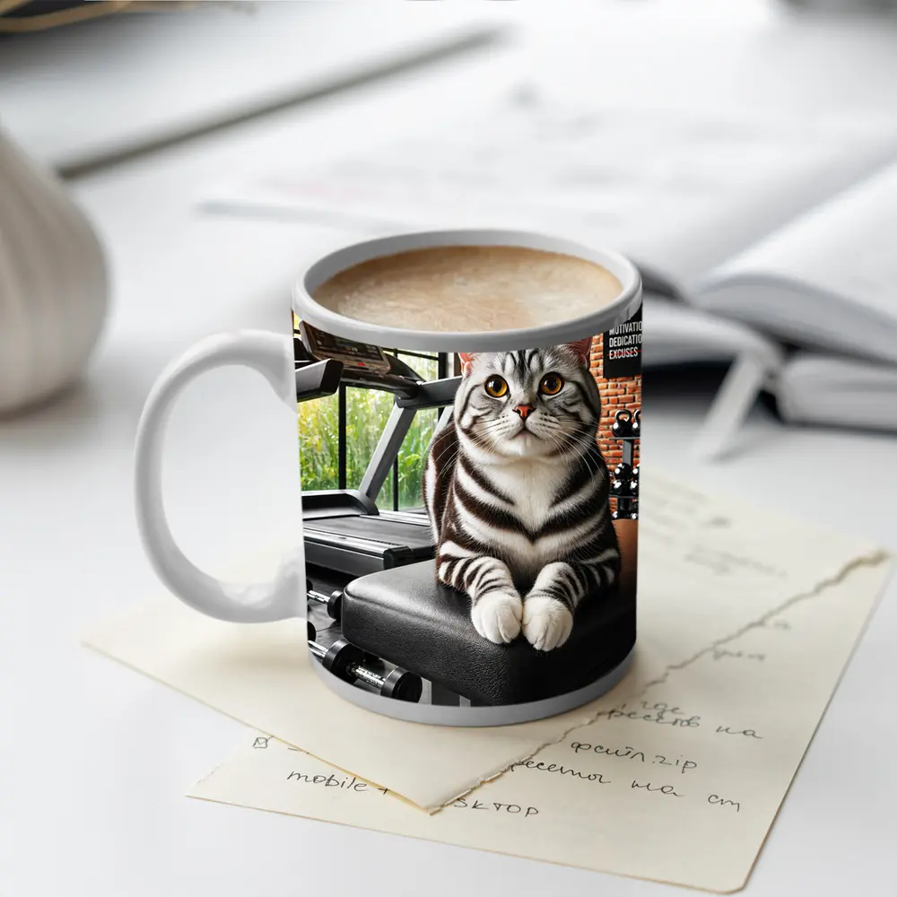 American Shorthair Cat Sitting in Gym – Mugs