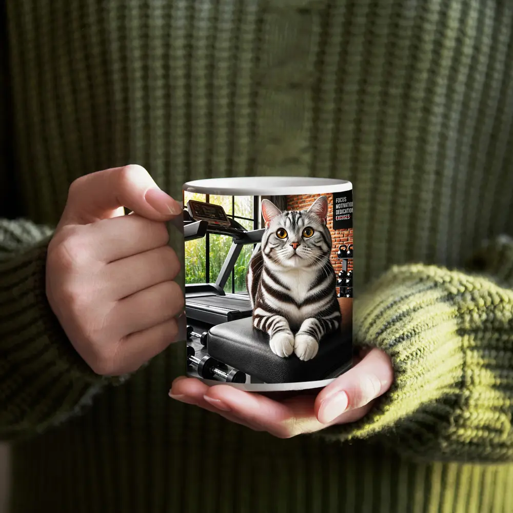 American Shorthair Cat Sitting in Gym – Mugs