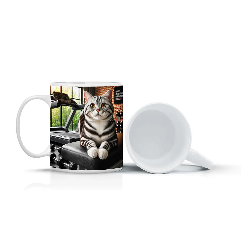 American Shorthair Cat Sitting in Gym – Mugs