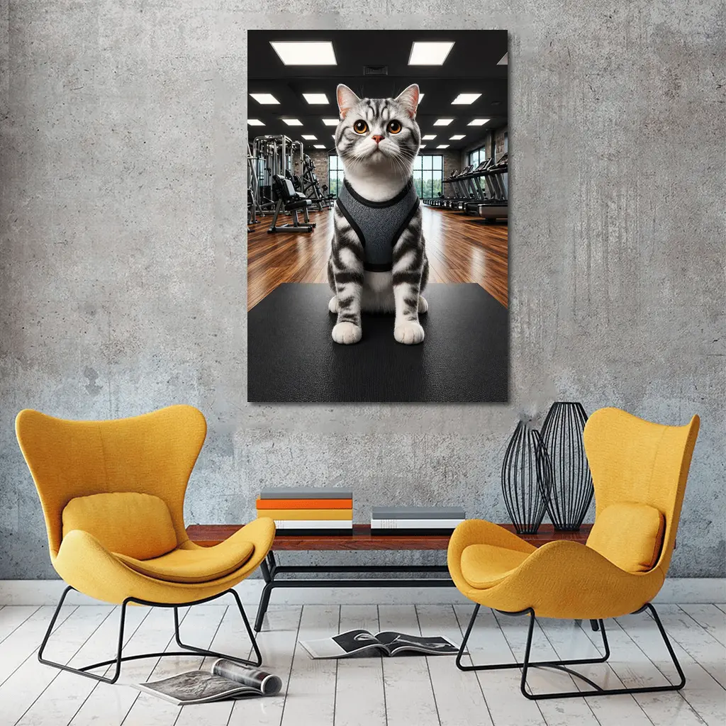 American Shorthair Cat Wearing Harness In Gym – Wall Art
