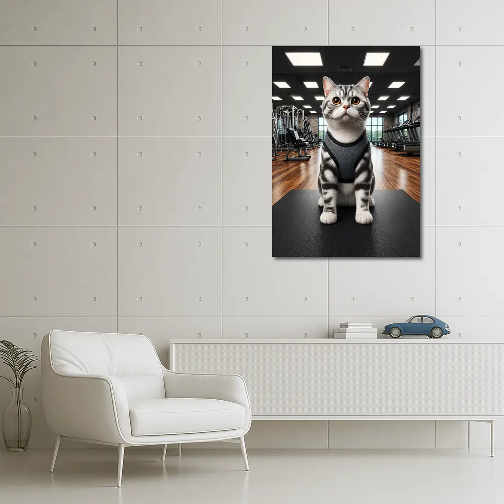 American Shorthair Cat Wearing Harness In Gym – Wall Art
