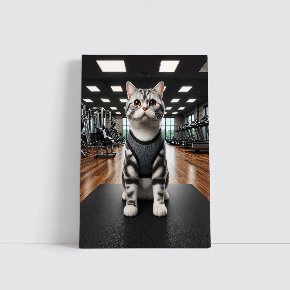 American Shorthair Cat Wearing Harness In Gym – Wall Art