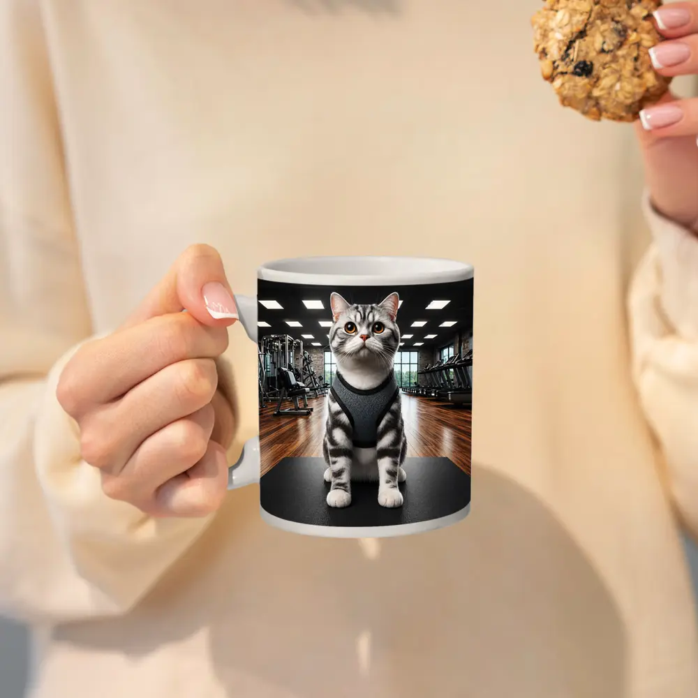 American Shorthair Cat Wearing Harness In Gym – Mugs