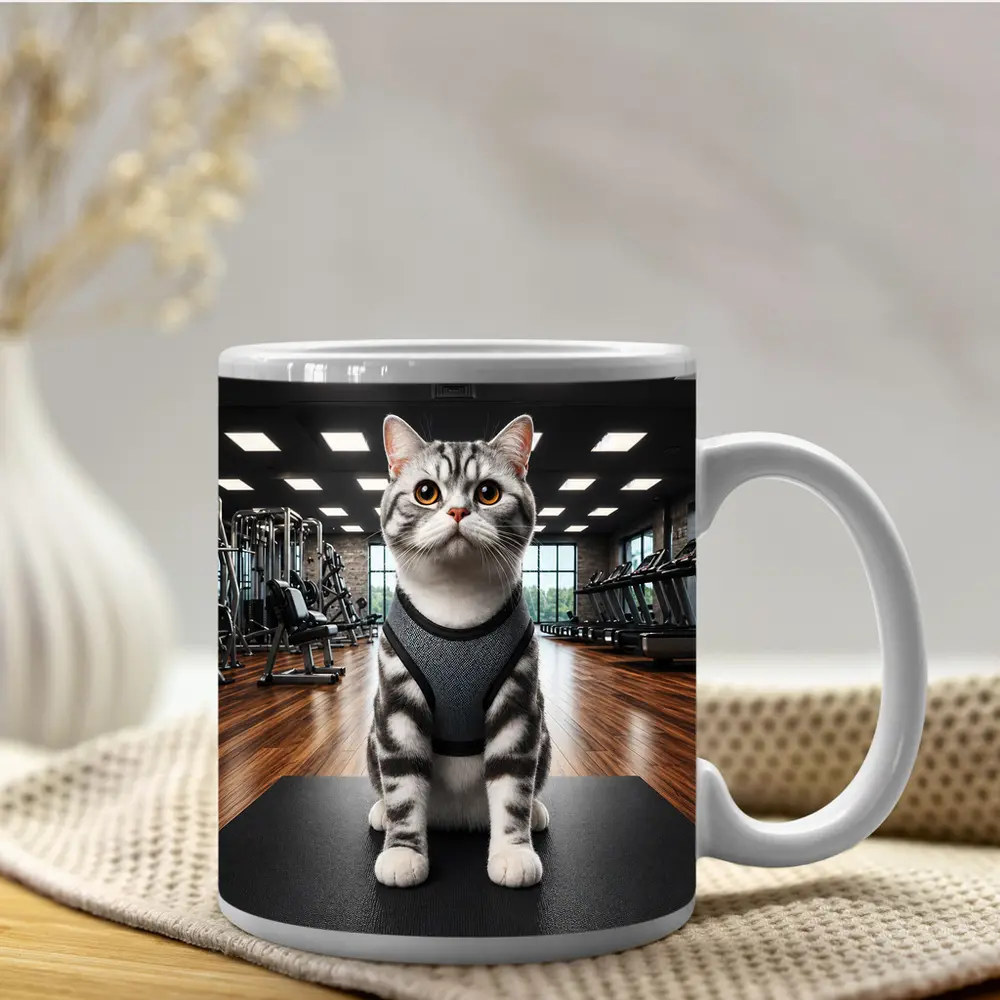 American Shorthair Cat Wearing Harness In Gym – Mugs